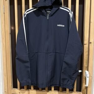 Adidas Jacket Mens Size L Blue Hooded Windbreaker Discoloration / No Drawstring